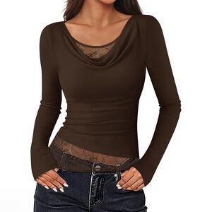 Chic Brown Lace Detail Women's Top